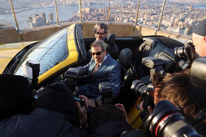 Open road: the Ford Motor executive chairman, Bill Ford, sits with the Empire State Realty Trust chairman, Anthony Malkin, in a 2015 Mustang on the observation deck at the Empire State Building in honour of 50 years of Mustang on April 16, 2014. The car was on display for two days for the kick-off of the New York International Auto Show. Spencer Platt / Getty Images / AFP