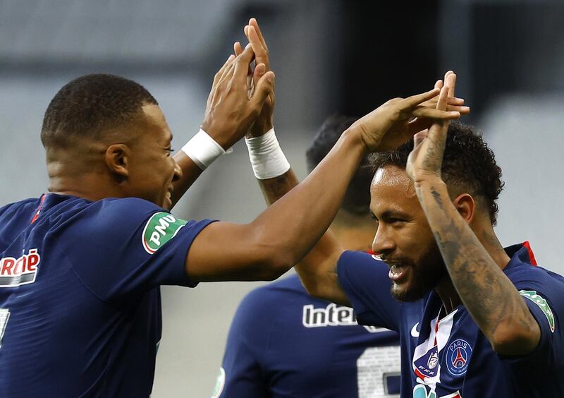 Neymar celebrates  with teammate Kylian Mbappe. EPA