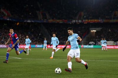 BASEL, SWITZERLAND - FEBRUARY 13: Sergio Aguero of Manchester City in action during the UEFA Champions League Round of 16 First Leg match between FC Basel and Manchester City at St. Jakob-Park on February 13, 2018 in Basel, Switzerland. (Photo by Catherine Ivill/Getty Images)