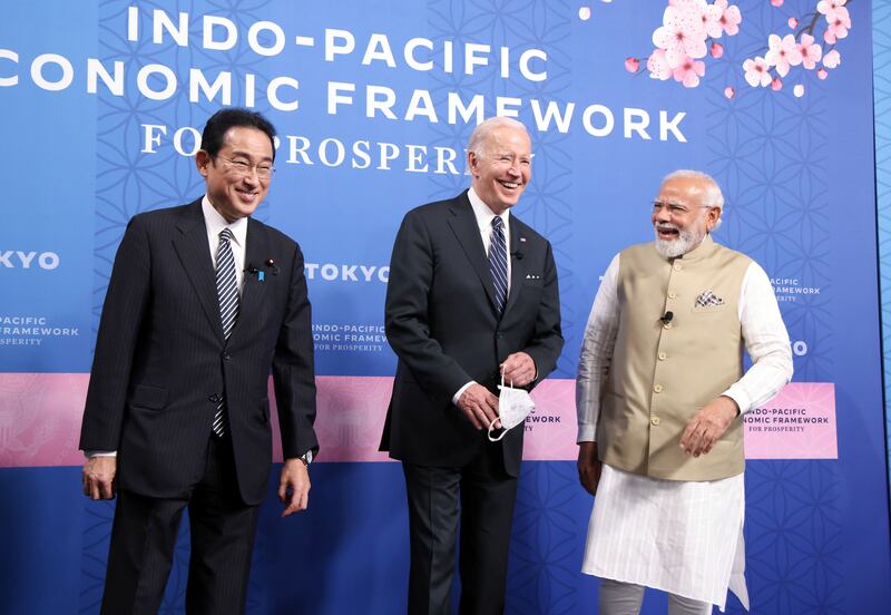 Japanese Prime Minister Fumio Kishida, US President Joe Biden and Indian Prime Minister Narendra Modi attend the launch of the Indo-Pacific Economic Framework in Tokyo. EPA