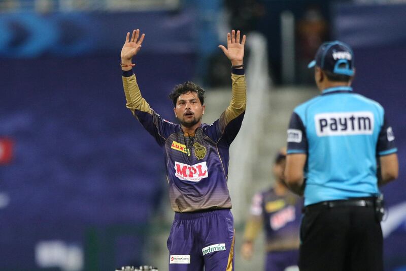 Kuldeep Yadav of Kolkata Knight Riders appeals unsuccessfully for the wicket during match 5 of season 13 of Indian Premier League (IPL) between the Kolkata Knight Riders and the Mumbai Indians held at the Sheikh Zayed Stadium, Abu Dhabi  in the United Arab Emirates on the 23rd September 2020.  Photo by: Pankaj Nangia  / Sportzpics for BCCI