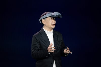 Yoshinori Matsumoto, executive deputy president at Sony, presenting the company's mixed-reality headset at CES 2024 in Las Vegas. AFP