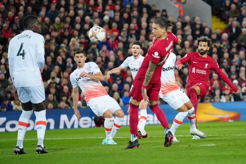 Liverpool attacker Mohamed Salah shoots for goal. AP