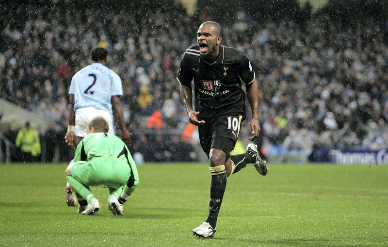 MANCHESTER, UNITED KINGDOM - NOVEMBER 09:  Darren Bent of Tottenham celebrates scoring their first goal during the Barclays Premier League match between Manchester City and Tottenham Hotspur at City of Manchester Stadium on November 9, 2008 in Manchester, England.  (Photo by Christopher Lee/Getty Images)