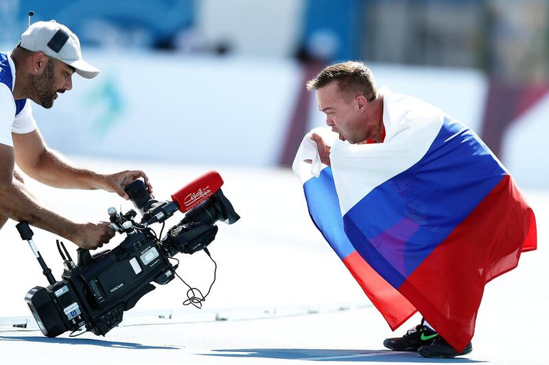 Denis Gnezdilov of Russia celebrates winning the Men's Shot Put F40 at the World Para Athletics Championships in Dubai on Thursday, November 14. Getty