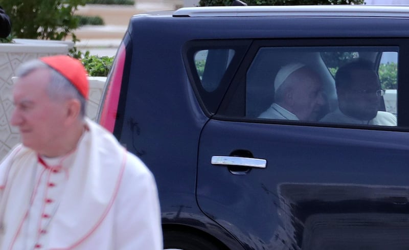 Pope Francis arrives to a welcome ceremony at the Presidential Palace in Abu Dhabi, United Arab Emirates, February 4, 2019. REUTERS/Tony Gentile