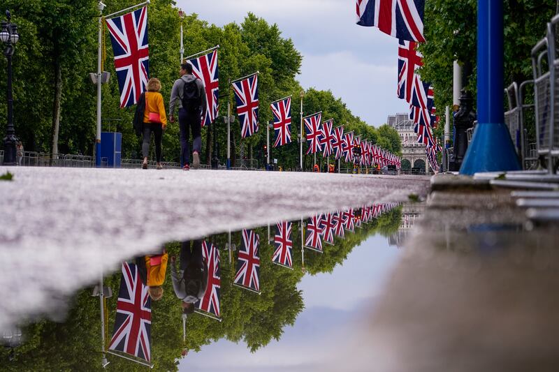 Union flags are displayed along The Mall in London. AP 