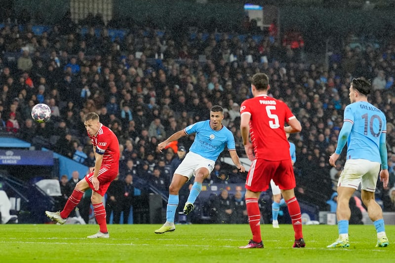 Manchester City's Rodri scores his side's opening goal against Bayern Munich. AP 