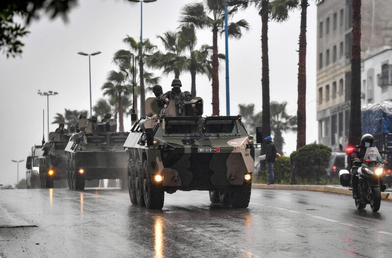 Armoured military vehicles patrol in Morocco's western city of Casablanca, amid restrictions and a health state of emergency imposed by the authorities in a bid to stem the spread of the novel coronavirus.  AFP