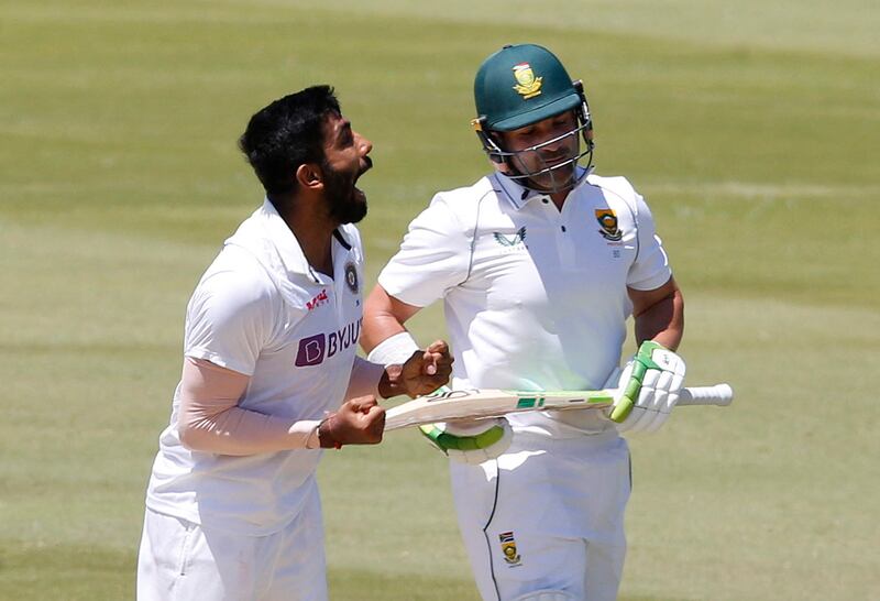 India's Jasprit Bumrah celebrates after taking the wicket of South Africa's Dean Elgar. Reuters