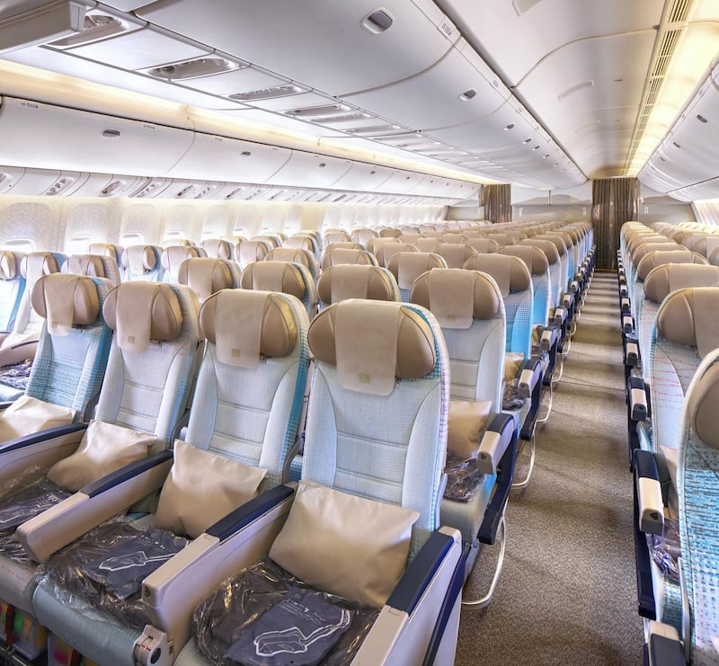Economy class seats onboard the 777-200LR have also been refreshed to the latest colour palette of soft greys and blues. Courtesy Emirates