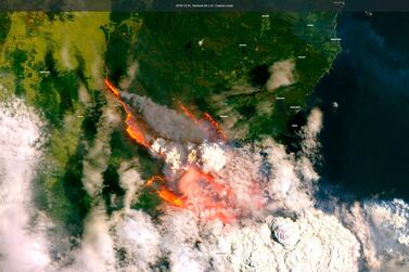 In this satellite image released by Copernicus Sentinel imagery, 2020 twitter page dated Dec. 31, 2019, shows wildfires burning across Australia. (Copernicus Sentinel Imagery via AP)