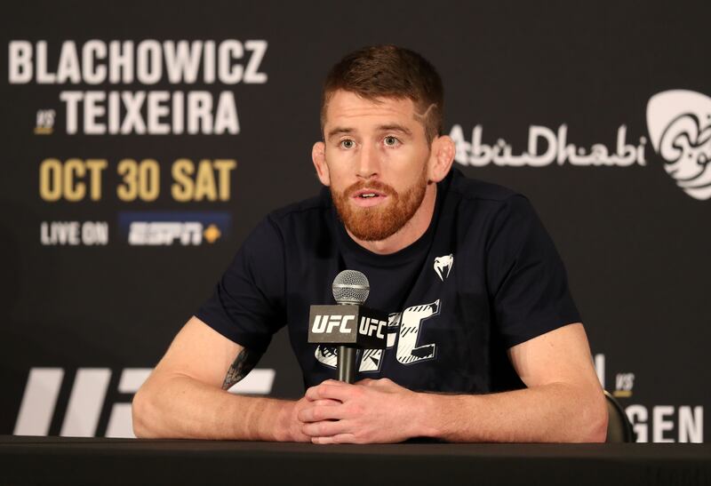 Cory Sandhagen speaks to the press before UFC 267 in Abu Dhabi. Chris Whiteoak / The National