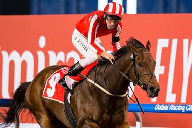Adrie de Vries on board Salute The Soldier won the Group 2 Al Maktoum Challenge Round-2 at the Dubai World Cup Carnival Week-4 at Meydan on Thursday, February 11, 2021. Courtesy Dubai Racing Club
