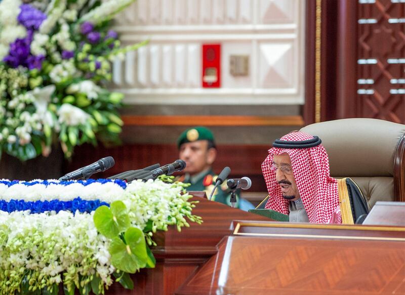 King Salman addresses the Shura Council. Saudi Royal Court / Reuters