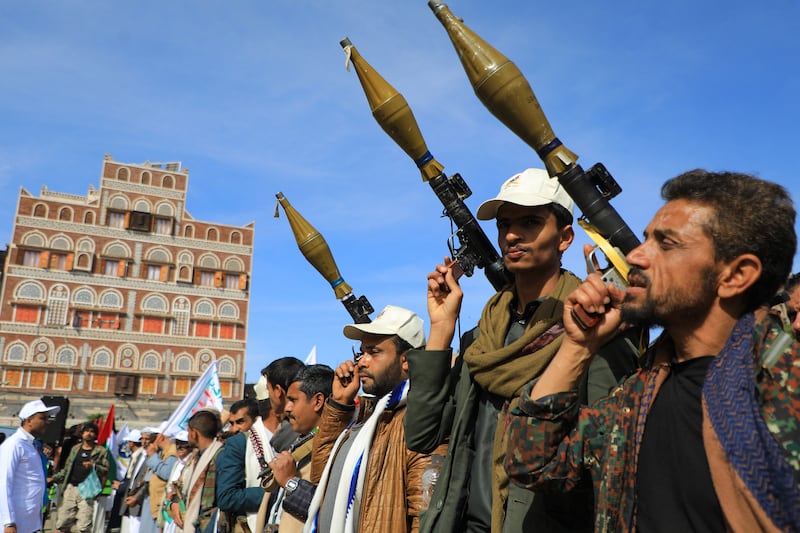 Houthi supporters attend a rally against US in Sanaa. AFP