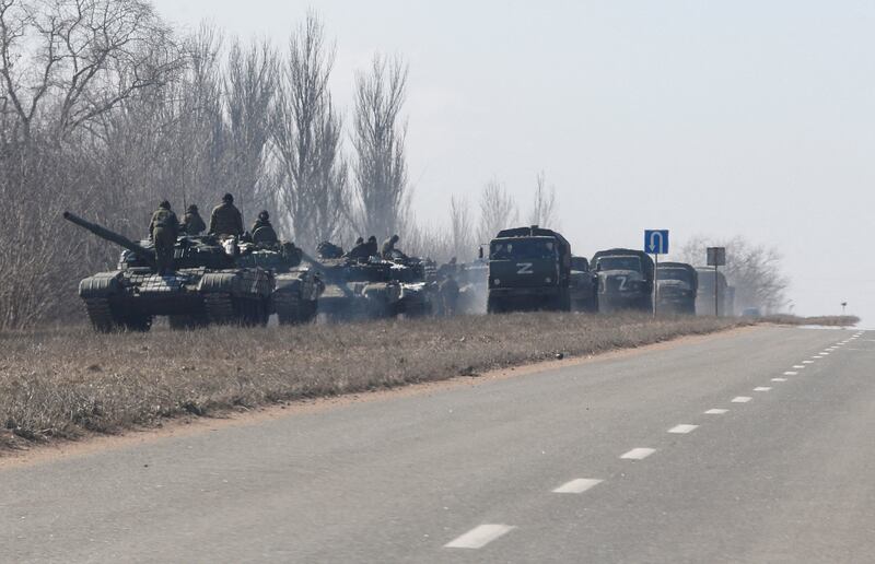 A convoy of pro-Russian troops outside the separatist-controlled town of Volnovakha in the Donetsk region, Ukraine. Reuters