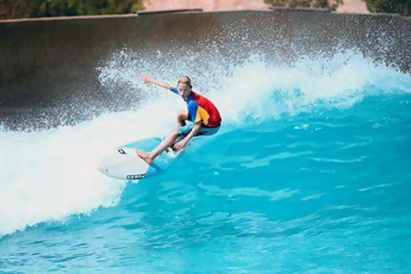 Lucas Bay surfing at Wild Wadi Adventure's wave pool in Al Ain, where he says he is able to get in training on bigger waves. Courtesy Volcom
