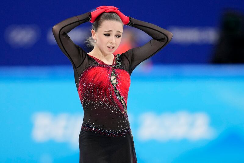 Kamila Valieva, 15, of the Russian Olympic Committee, reacts after the women's team free skate program during the figure skating competition at the 2022 Winter Olympics, Monday, February  7, 2022, in Beijing. AP