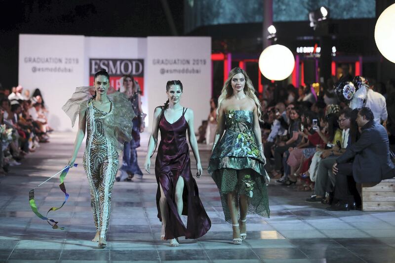 Dubai, United Arab Emirates - June 20, 2019: Designs by student designer Cécile Biscaglia (M), the collection takes inspiration from Cirque du Soleil. Esmod Fashion Show. Thursday the 20th of June 2019. City Walk, Dubai. Chris Whiteoak / The National