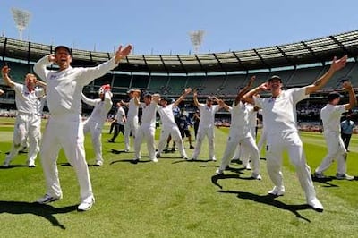 England players perform the “Sprinkler” dance after winning the fourth Ashes Test in Melbourne.