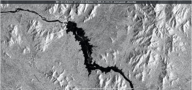 A combination picture of handout satellite images shows a view of the Grand Ethiopian Renaissance Dam (GERD) July 25, 2017 (top left), July 20, 2018 (top right), July 3, 2019 (bottom left), July 9, 2020 (bottom right) in Ethiopia, in these Sentinel-1 satellite imageries obtained by Reuters on July 14, 2020.  European Space Agency/Handout via REUTERS ATTENTION EDITORS - THIS IMAGE HAS BEEN SUPPLIED BY A THIRD PARTY. NO RESALES. NO ARCHIVES.