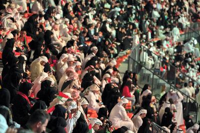 ABU DHABI, UNITED ARAB EMIRATES - December 02, 2019: Citizens attend the show titled ‘Legacy of Our Ancestors’, during the 48th UAE National Day celebrations, at Zayed Sports City.

( Hamad Al Mansoori for the Ministry of Presidential Affairs )
---