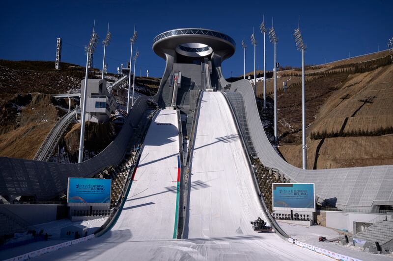 The Zhangjiakou National Ski Jumping Centre in northern China's Hebei Province. The venue will host ski jumping and nordic combined competition at the 2022 Beijing Winter Olympics. AP