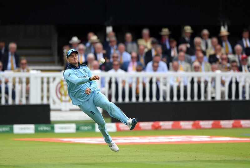 LONDON, ENGLAND - JULY 14: England player Jason Roy throws the ball in the field during the Final of the ICC Cricket World Cup 2019 between New Zealand and England at Lord's Cricket Ground on July 14, 2019 in London, England. (Photo by Stu Forster-ICC/ICC via Getty Images)