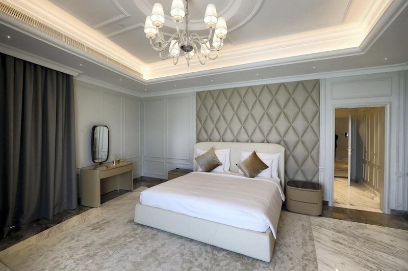Dubai, United Arab Emirates - August 13, 2018: The guest bedroom at the Sweden Beach Palace. Monday, August 13th, 2018 in Dubai. Chris Whiteoak / The National