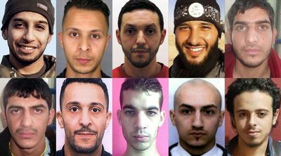 Men suspected of plotting and carrying out the Paris terrorist attacks, top row (L-R): Abdelhamid Abaaoud, Salah Abdeslam, Mohamed Abrini, Foued Mohamed Aggad and an unidentified man; Bottom row (L-R): another unidentified man, Brahim Abdeslam, Omar Ismail Mostefai, Samy Amimour and Bilal Hadfi. AFP