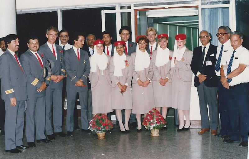 The crew of the EK 500 flight on October 25, 1985  are greeted on arrival by Bombay airport authorities and Bharat Petroleum officials.