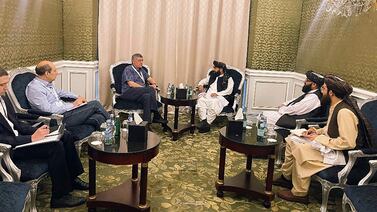 Zabihullah Mujahid, centre right, Taliban government chief spokesman, is leading the group’s delegation in Doha. AP