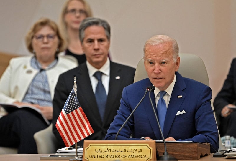 Mr Biden speaks during the GCC+3 meeting. AFP