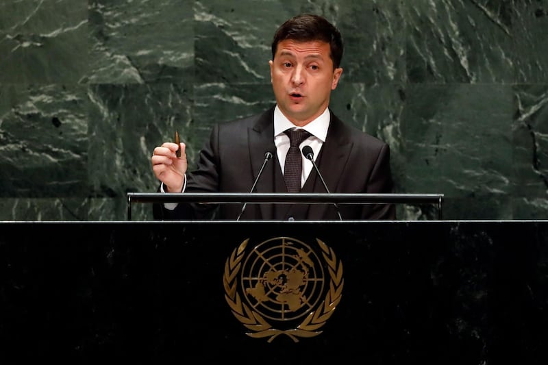 Ukraine's President Volodymyr Zelensky holds a bullet as he addresses the 74th session of the United Nations General Assembly. AP Photo