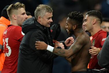 epa08052964 Manchester United's manager Ole Gunnar Solskj����r (C-L) and Fred (C-R) react after the English Premier League soccer match between Manchester United and Manchester City held at the Etihad Stadium, Manchester, Britain 07 December 2019. EPA/PETER POWELL EDITORIAL USE ONLY. No use with unauthorized audio, video, data, fixture lists, club/league logos or 'live' services. Online in-match use limited to 120 images, no video emulation. No use in betting, games or single club/league/player publications