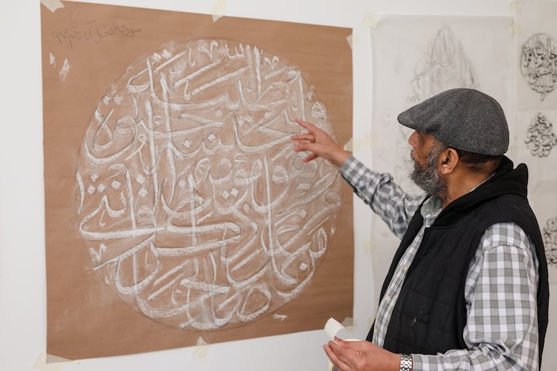 He shows his intricate designs at his home in Dubai, where he has worked since 1980.