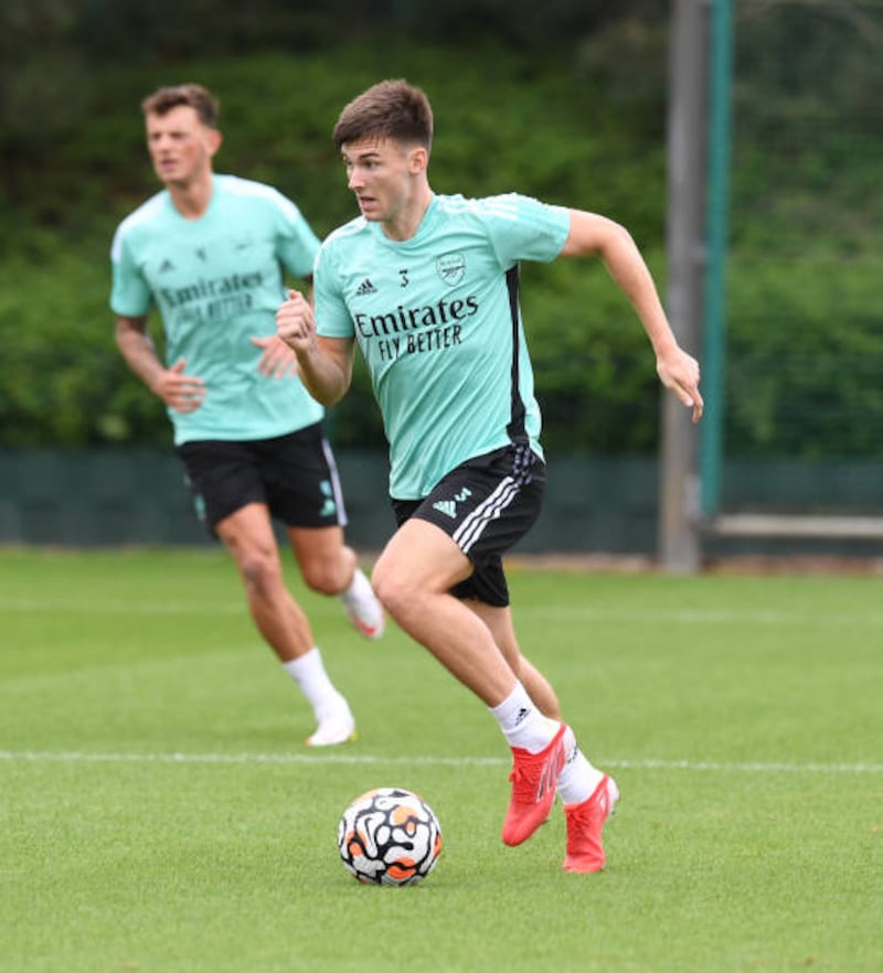 Arsenal wing-back Kieran Tierney of Arsenal during a training session at London Colney on Tuesday, August 17.