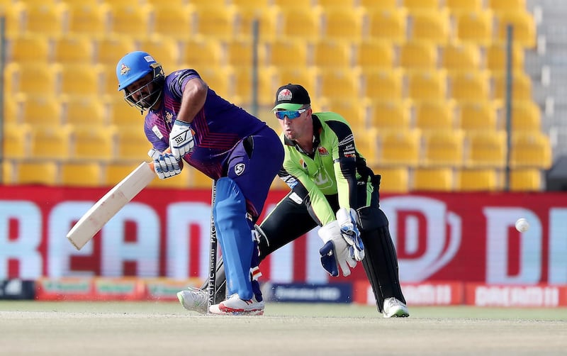 ABU DHABI , UNITED ARAB EMIRATES , Nov 19 – 2019 :- Mohammad Shahzad of Deccan Gladiators playing a shot during the Abu Dhabi T10 Cricket match between Qalanders vs Deccan Gladiators at Sheikh Zayed Cricket Stadium in Abu Dhabi. ( Pawan Singh / The National )  For Sports. Story by Paul