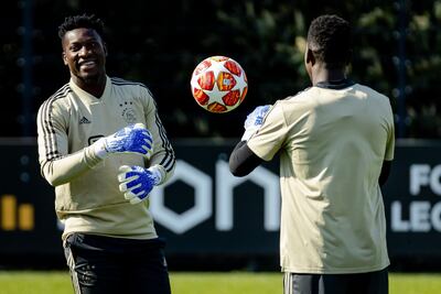 Ajax Amsterdam's Andre Onana takes part in a training session on the eve of the team's European Champions league quarter final match against Juvventus, on April 9, 2019 at Sports park De Toekomst in Amsterdam. Netherlands OUT
 / AFP / ANP / Robin van Lonkhuijsen
