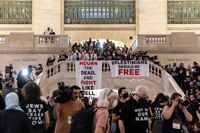 Protesters gather at Grand Central Terminal during a rally calling for a ceasefire between Israel and Hamas. AP Photo