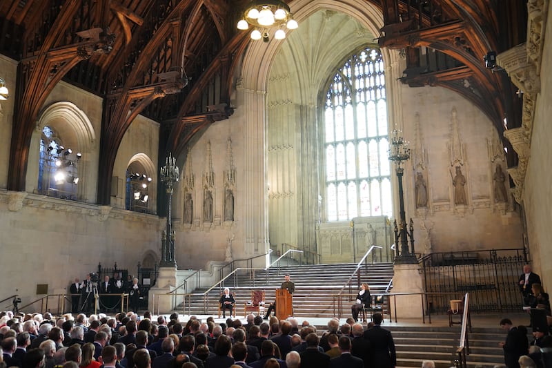 Ukrainian President Volodymyr Zelenskyy addresses MPs in Westminster Hall, London, in February 2023. Getty Images