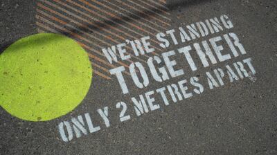 Floor markings reminding people to stay two metres apart at Alserkal Avenue. Courtesy Alserkal Avenue