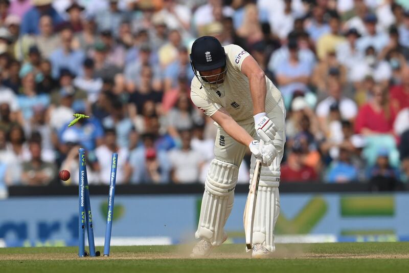 England's Jonny Bairstow is bowled by Jasprit Bumrah for a duck. Getty