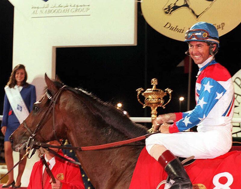 US jockey Jerry Bailey at the Dubai World Cup in 1996 on Horse of the Year Cigar, after winning the $4 million race on March 27 that year. AFP