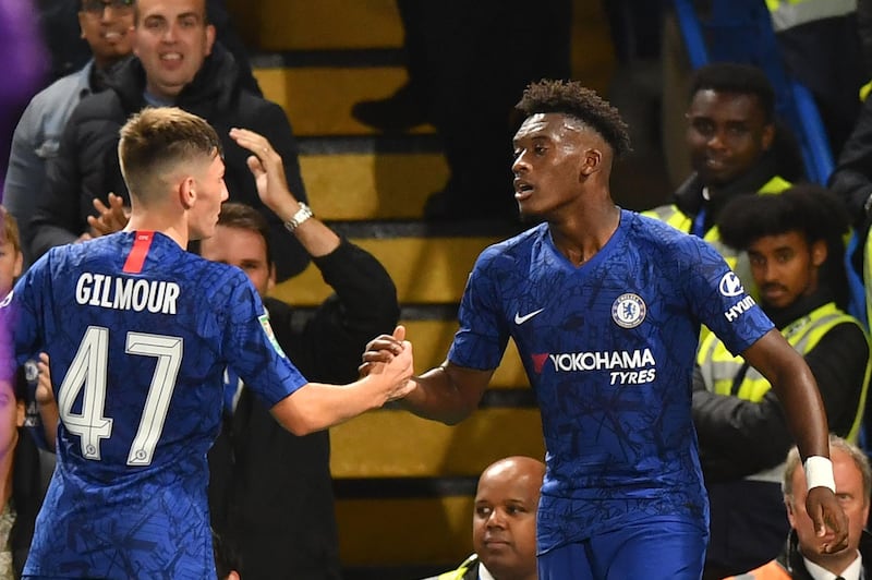 Callum Hudson-Odoi, 18, celebrated a new five-year deal at Chelsea with a goal in their 7-1 romp of Grimsby Town. AFP