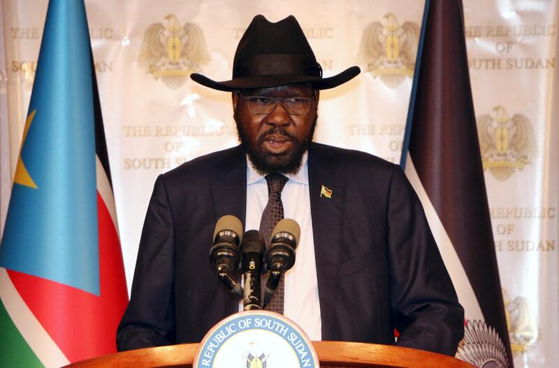 South Sudan's president Salva Kiir addresses the nation during an independence day event at the presidential palace in Juba on July 9, 2017. Jok Solomun / Reuters