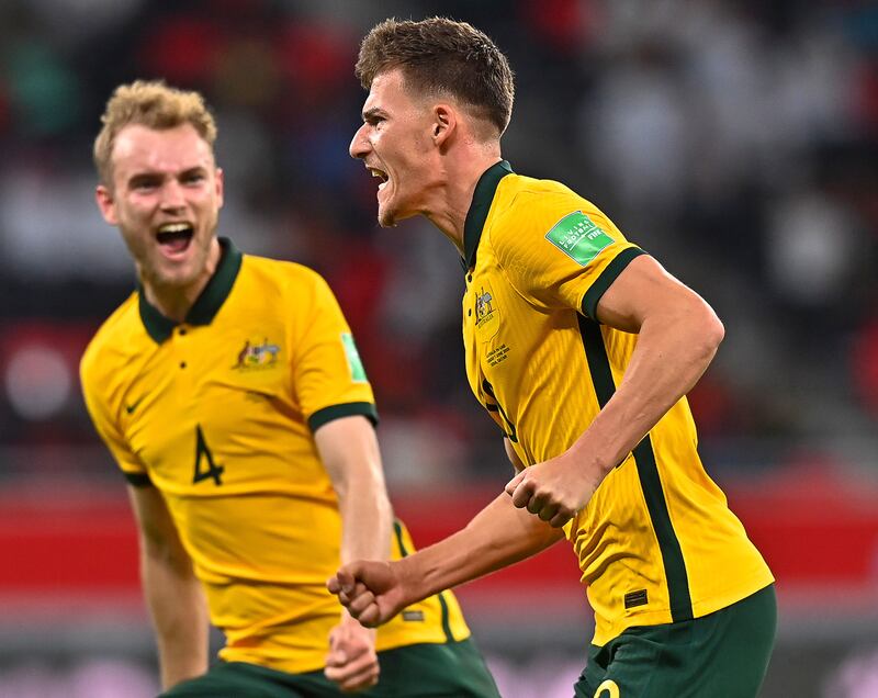 Ajdin Hrustic, right, celebrates scoring the winner against the UAE in Al Rayyan on Tuesday. EPA