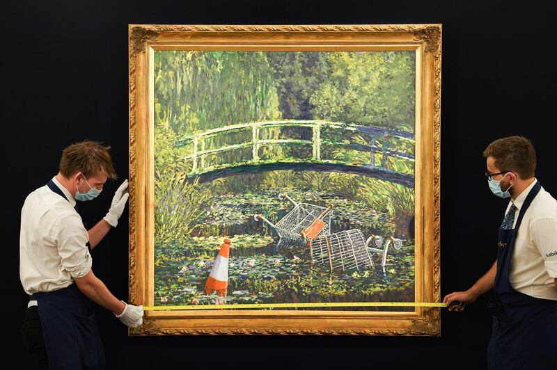 LONDON, ENGLAND - SEPTEMBER 18: Banksy's 'Show Me The Monet' (2005) to star in Sotheby's 'Modernites/Contemporary' evening auction on the 21st October with an estimate of Â£3,000,000 to Â£5,000,000 at Sotheby's on September 18, 2020 in London, England. (Photo by Michael Bowles/Getty Images for Sotheby's)