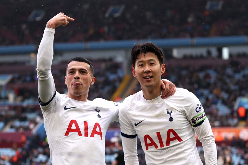 Son Heung-Min of Tottenham Hotspur celebrates scoring his team's third goal with teammate Pedro Porro in the 4-0 Premier League victory at Villa Park on March 10, 2024. Getty Images